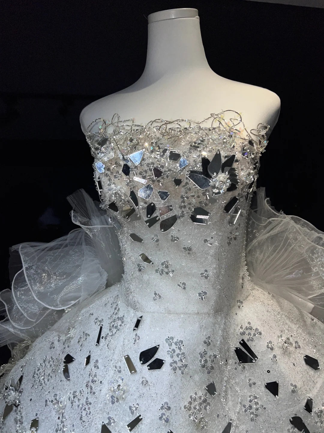 Luxe White Strapless Mirror Sequin Beaded Detachable Ruffled Tulle Train A Line Short Homecoming Dress AS2673