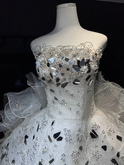 Luxe White Strapless Mirror Sequin Beaded Detachable Ruffled Tulle Train A Line Short Homecoming Dress AS2673