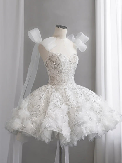 Stunning White Sweetheart Straps Beaded Corset Floral Appliques Ruffled Tulle A Line Short Homecoming Dress With Shoulder Bow Long Ribbon AS2675