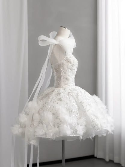 Stunning White Sweetheart Straps Beaded Corset Floral Appliques Ruffled Tulle A Line Short Homecoming Dress With Shoulder Bow Long Ribbon AS2675