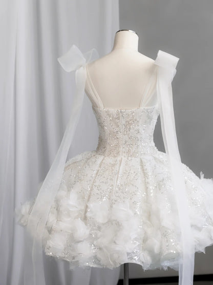Stunning White Sweetheart Straps Beaded Corset Floral Appliques Ruffled Tulle A Line Short Homecoming Dress With Shoulder Bow Long Ribbon AS2675