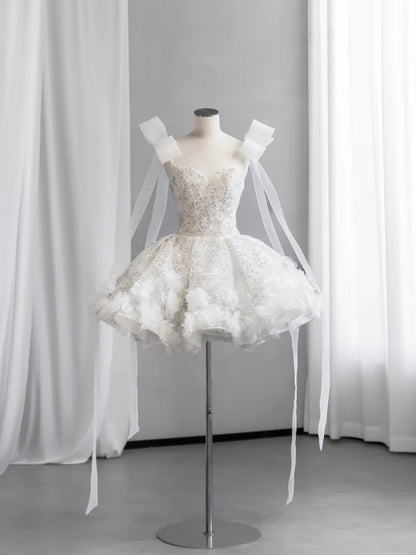 Stunning White Sweetheart Straps Beaded Corset Floral Appliques Ruffled Tulle A Line Short Homecoming Dress With Shoulder Bow Long Ribbon AS2675