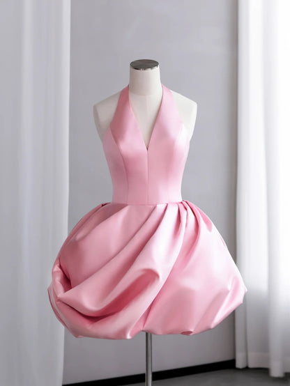 Chic Pink Halter V Neck Satin Unique Draped Bubble Skirt A Line Short Homecoming Dress AS2676