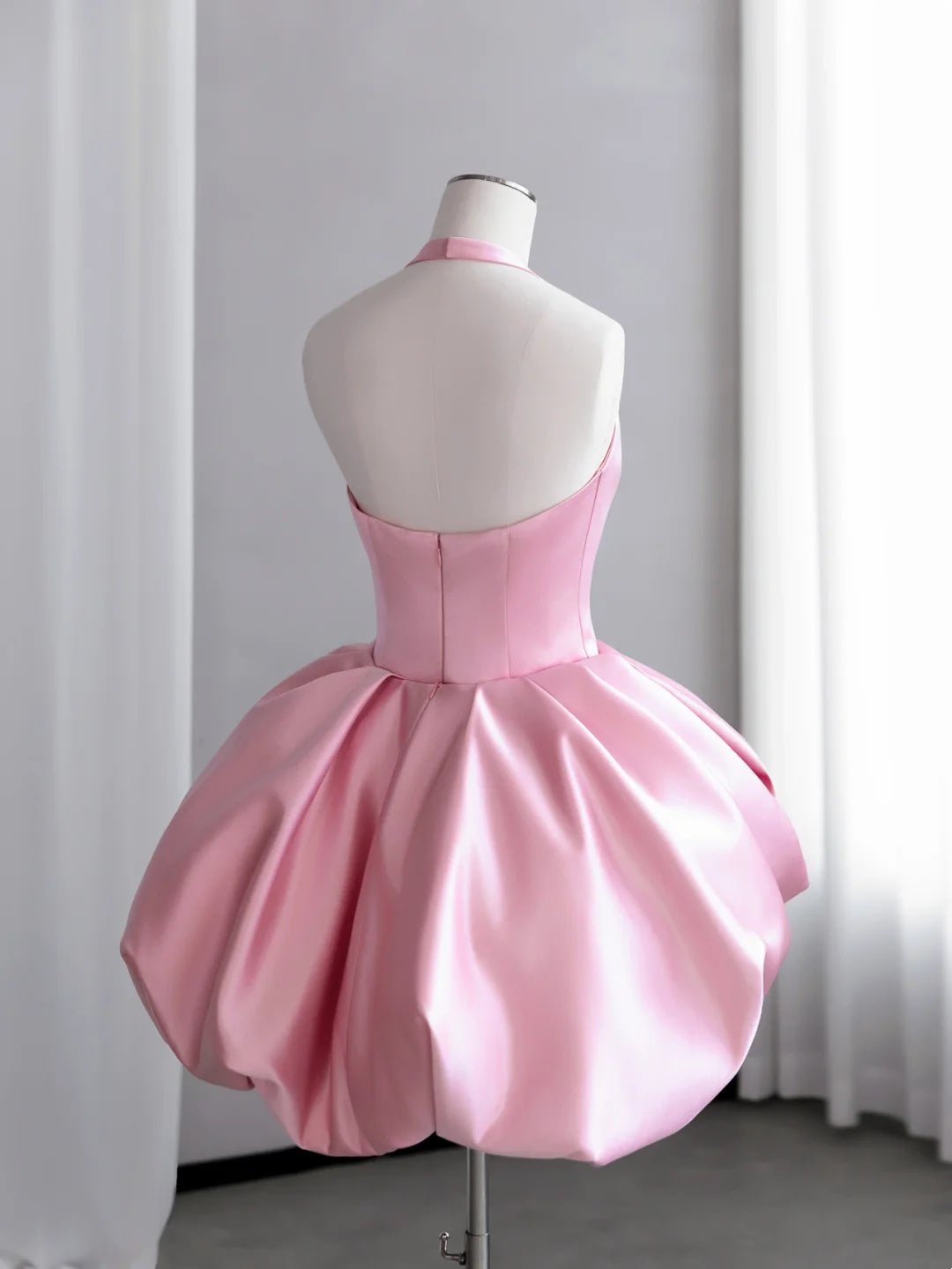 Chic Pink Halter V Neck Satin Unique Draped Bubble Skirt A Line Short Homecoming Dress AS2676