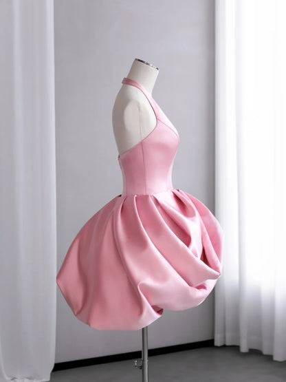 Chic Pink Halter V Neck Satin Unique Draped Bubble Skirt A Line Short Homecoming Dress AS2676