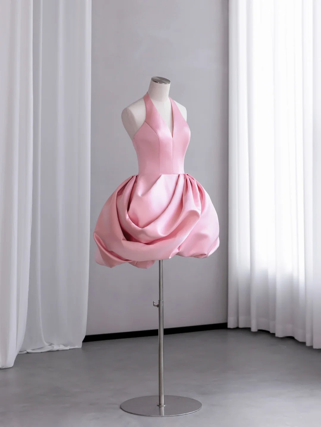 Chic Pink Halter V Neck Satin Unique Draped Bubble Skirt A Line Short Homecoming Dress AS2676