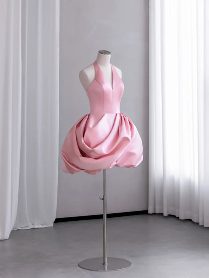 Chic Pink Halter V Neck Satin Unique Draped Bubble Skirt A Line Short Homecoming Dress AS2676