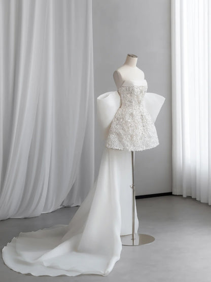 Luxe White Strapless Beaded Lace A Line Short Homecoming Dress With Giant Back Bow And Detachable Tulle Train AS2677