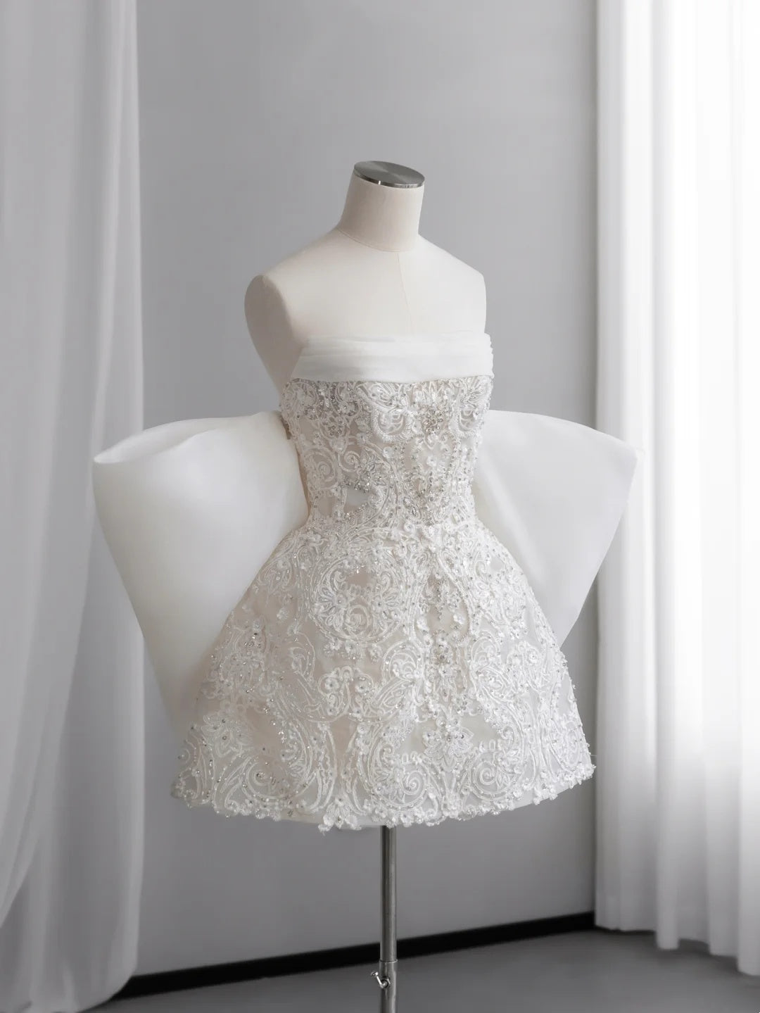 Luxe White Strapless Beaded Lace A Line Short Homecoming Dress With Giant Back Bow And Detachable Tulle Train AS2677