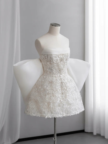 Luxe White Strapless Beaded Lace A Line Short Homecoming Dress With Giant Back Bow And Detachable Tulle Train AS2677