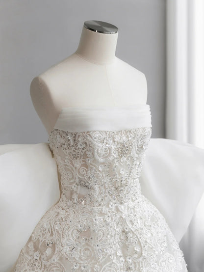 Luxe White Strapless Beaded Lace A Line Short Homecoming Dress With Giant Back Bow And Detachable Tulle Train AS2677