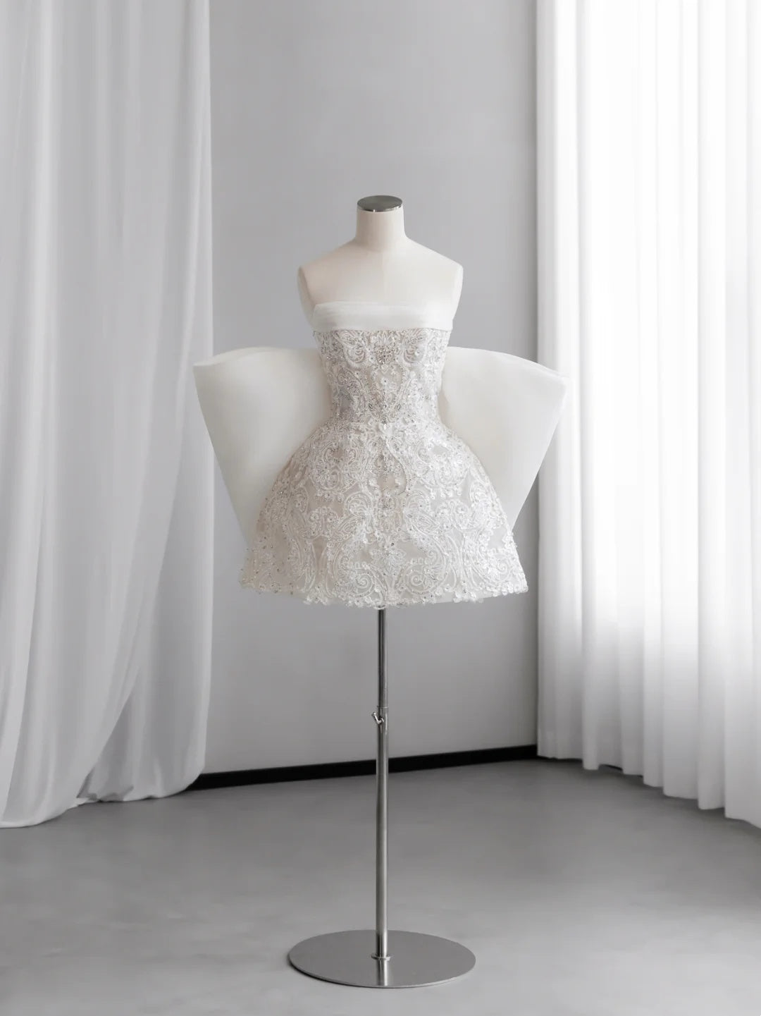 Luxe White Strapless Beaded Lace A Line Short Homecoming Dress With Giant Back Bow And Detachable Tulle Train AS2677
