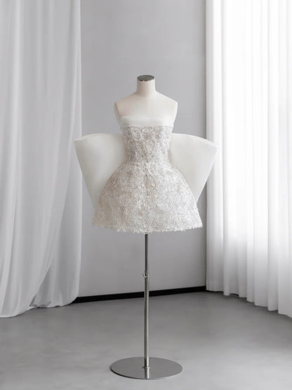 Luxe White Strapless Beaded Lace A Line Short Homecoming Dress With Giant Back Bow And Detachable Tulle Train AS2677
