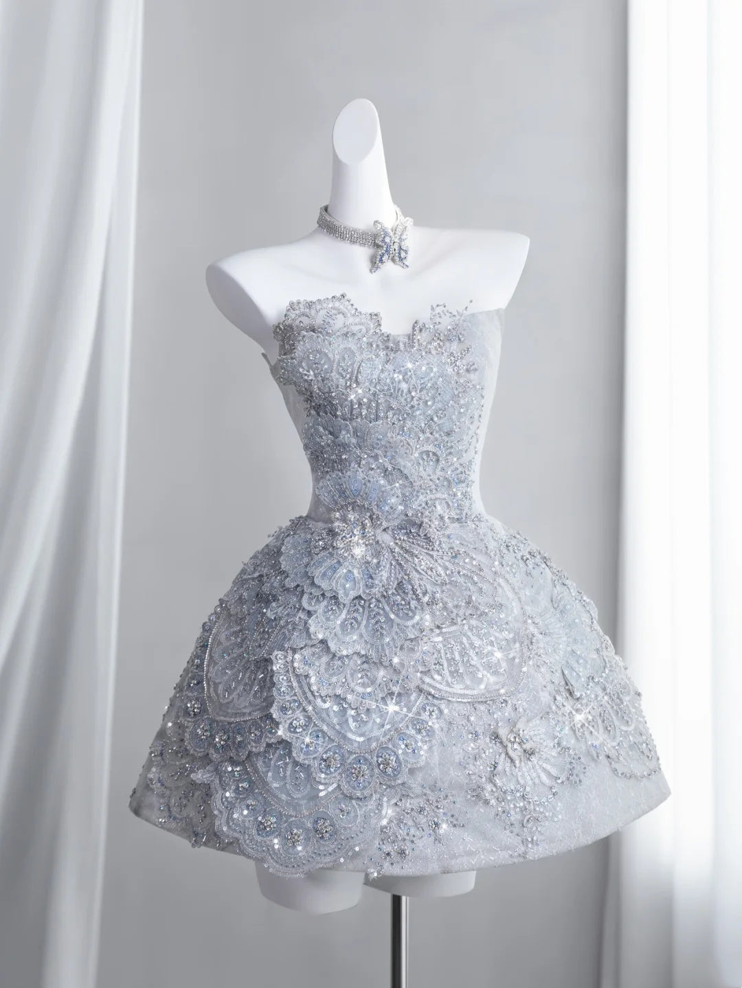 Heavy luxurious Light Blue Strapless Lace Beaded A Line Short Homecoming Dress With Detachable Glitter Tulle Train And Puff Tulle Short Sleeve AS2679