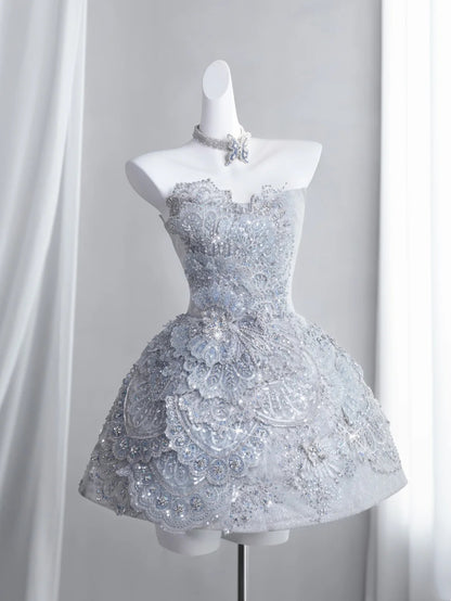 Heavy luxurious Light Blue Strapless Lace Beaded A Line Short Homecoming Dress With Detachable Glitter Tulle Train And Puff Tulle Short Sleeve AS2679