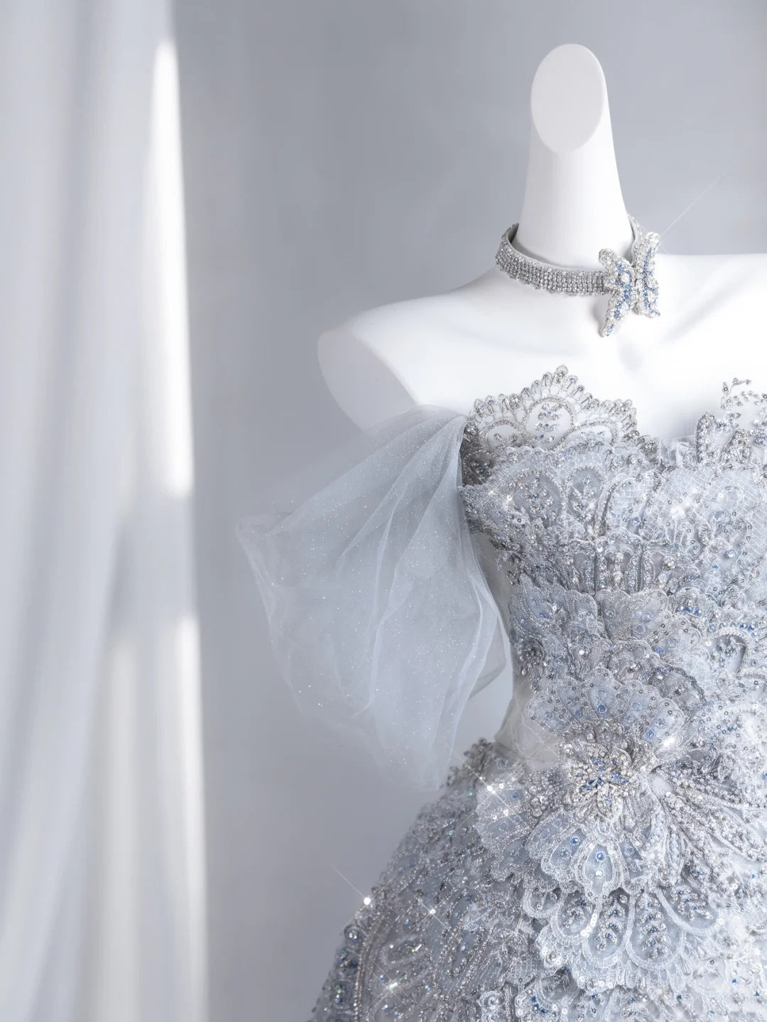 Heavy luxurious Light Blue Strapless Lace Beaded A Line Short Homecoming Dress With Detachable Glitter Tulle Train And Puff Tulle Short Sleeve AS2679