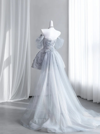 Heavy luxurious Light Blue Strapless Lace Beaded A Line Short Homecoming Dress With Detachable Glitter Tulle Train And Puff Tulle Short Sleeve AS2679