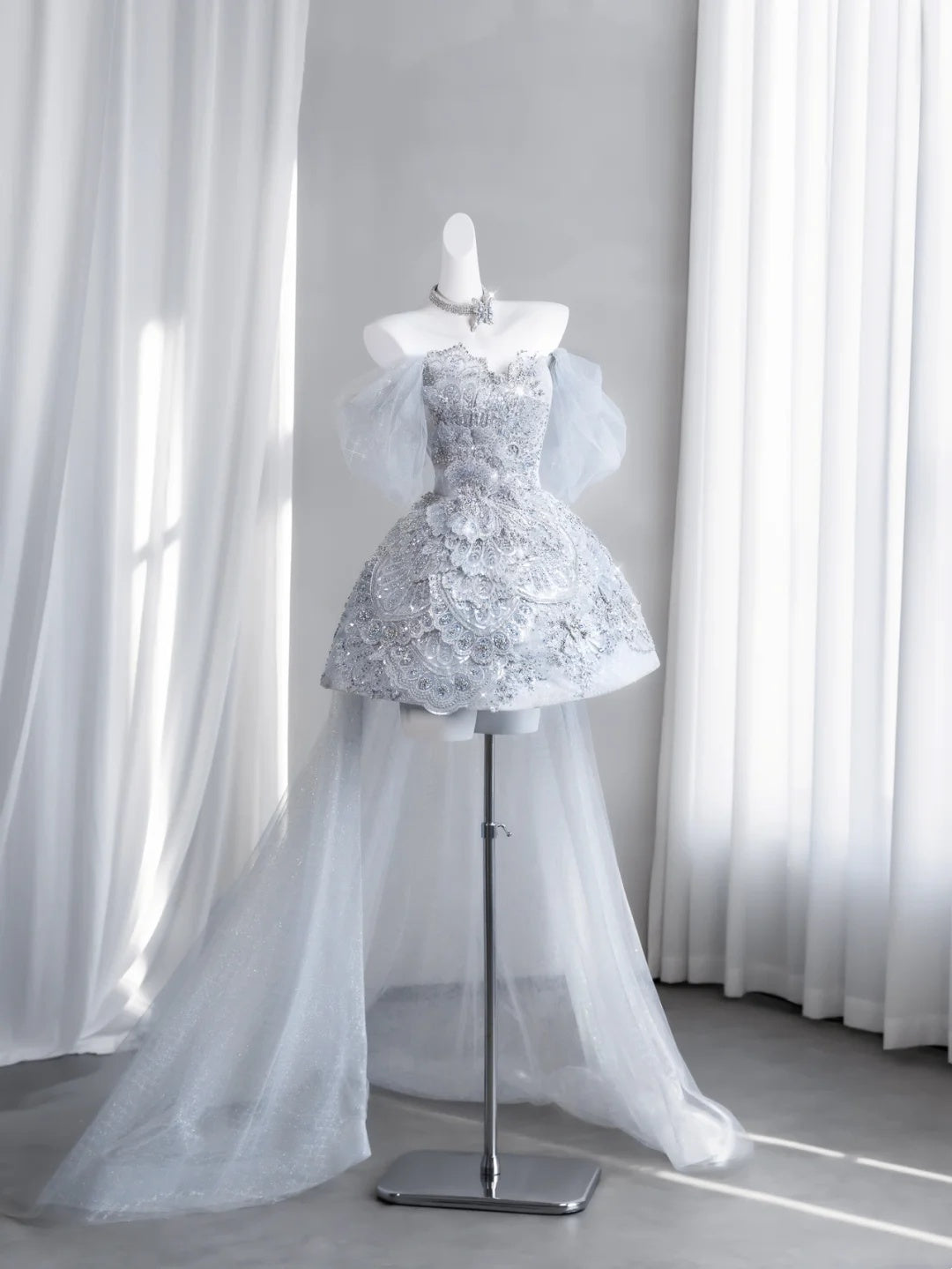 Heavy luxurious Light Blue Strapless Lace Beaded A Line Short Homecoming Dress With Detachable Glitter Tulle Train And Puff Tulle Short Sleeve AS2679