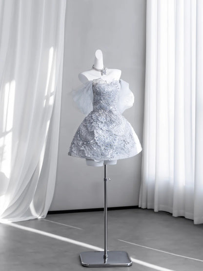 Heavy luxurious Light Blue Strapless Lace Beaded A Line Short Homecoming Dress With Detachable Glitter Tulle Train And Puff Tulle Short Sleeve AS2679