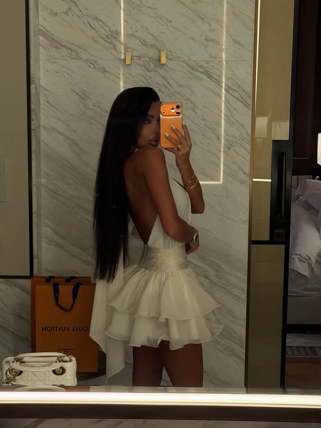 Chic White Halter Open Back Tie Neck Multi Layer Ruffled A Line Short Homecoming Dress AS2681