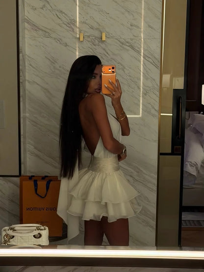 Chic White Halter Open Back Tie Neck Multi Layer Ruffled A Line Short Homecoming Dress AS2681