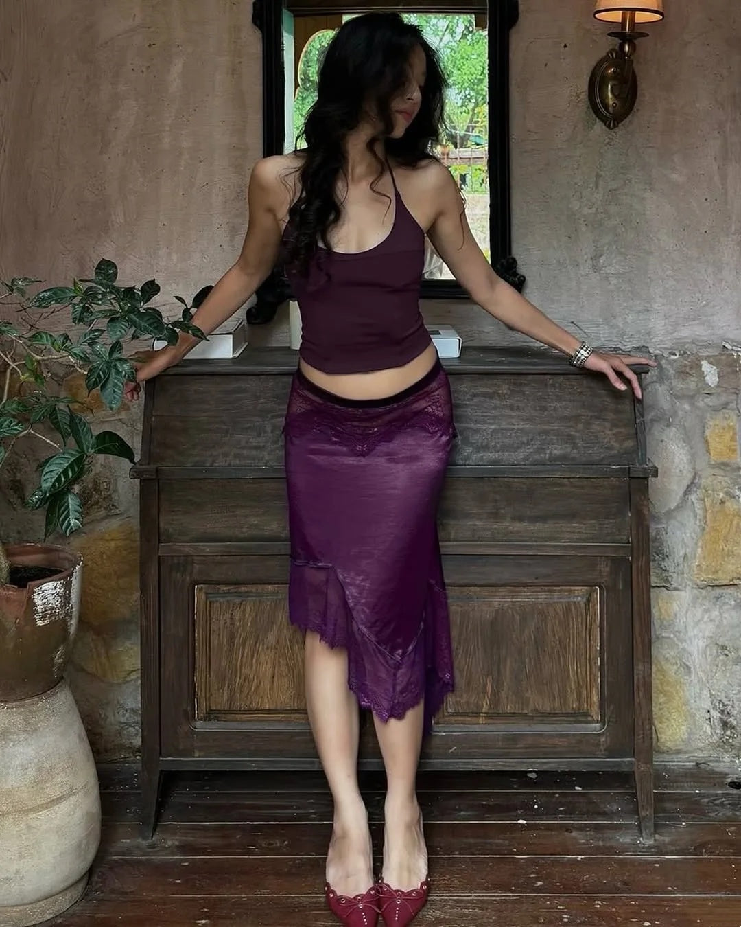 Glam Plum Halter Cutout Back Top Lace Trim Satin Mermaid Asymmetric Midi Skirt Two Piece Homecoming Dress AS2684