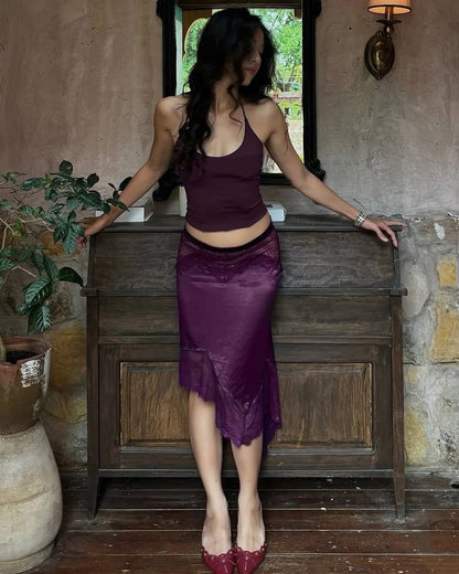 Glam Plum Halter Cutout Back Top Lace Trim Satin Mermaid Asymmetric Midi Skirt Two Piece Homecoming Dress AS2684