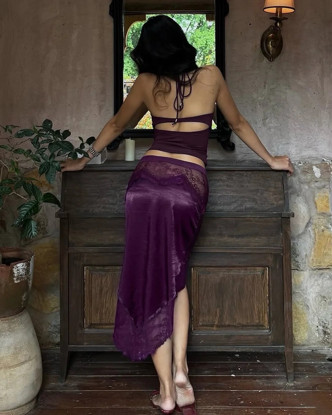 Glam Plum Halter Cutout Back Top Lace Trim Satin Mermaid Asymmetric Midi Skirt Two Piece Homecoming Dress AS2684
