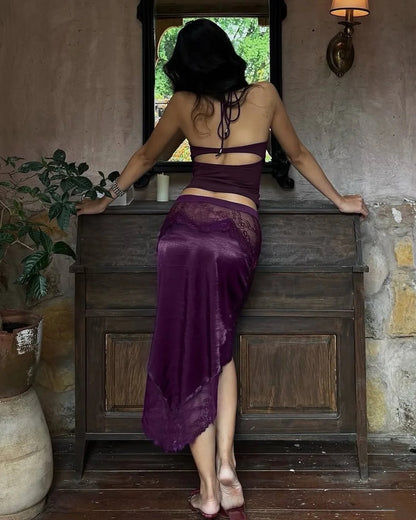 Glam Plum Halter Cutout Back Top Lace Trim Satin Mermaid Asymmetric Midi Skirt Two Piece Homecoming Dress AS2684