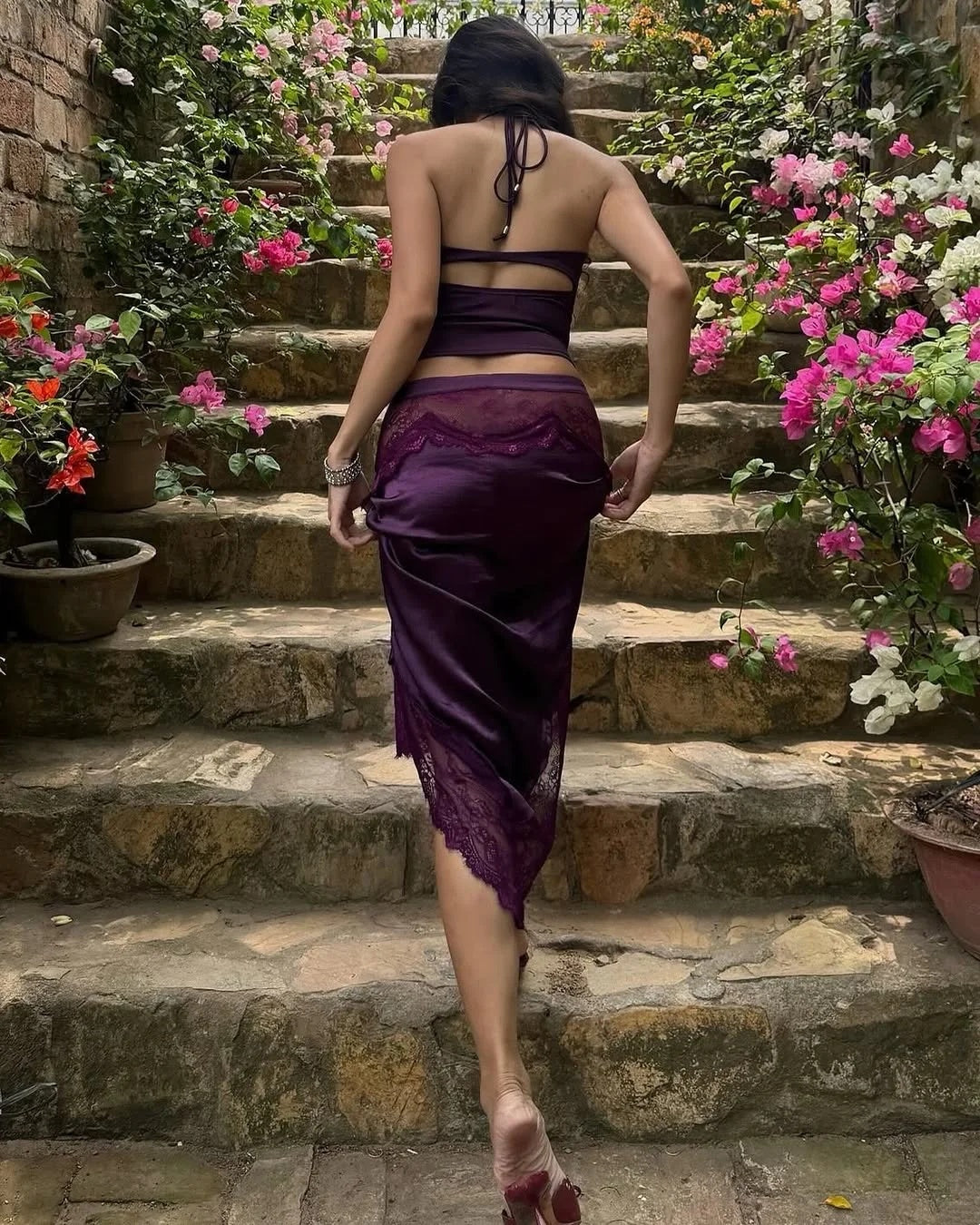 Glam Plum Halter Cutout Back Top Lace Trim Satin Mermaid Asymmetric Midi Skirt Two Piece Homecoming Dress AS2684
