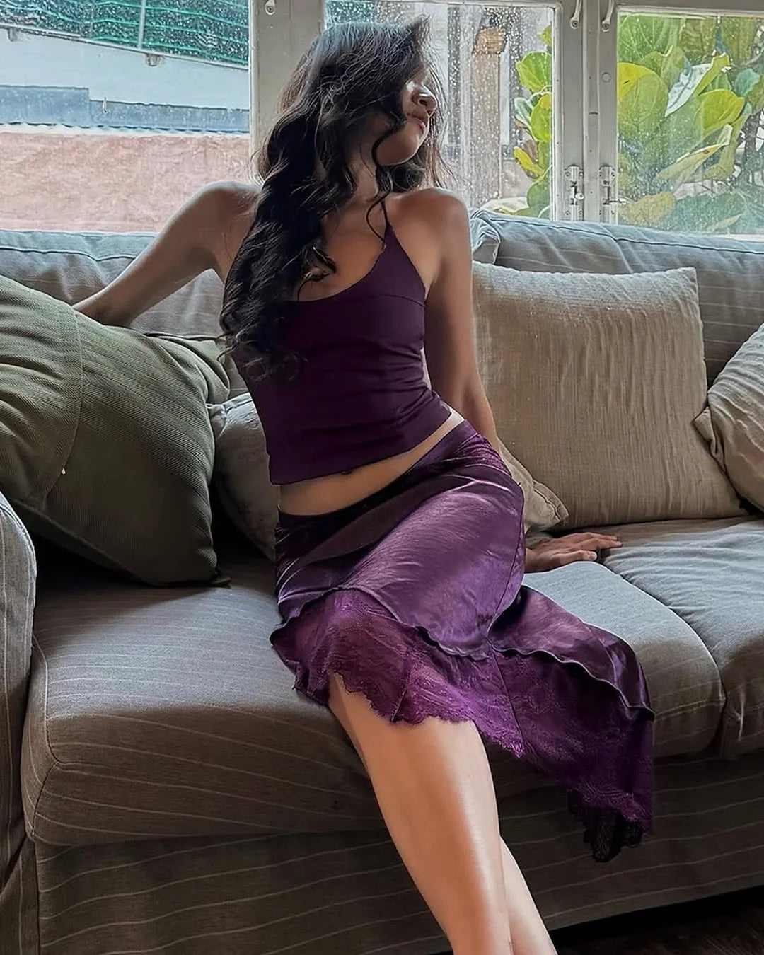 Glam Plum Halter Cutout Back Top Lace Trim Satin Mermaid Asymmetric Midi Skirt Two Piece Homecoming Dress AS2684
