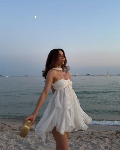 Chic White Sweetheart Choker Strap Ruffled Chiffon Flowy A Line Short Homecoming Dress AS2685