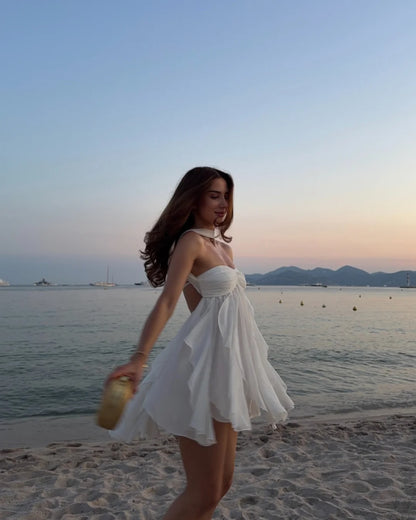 Chic White Sweetheart Choker Strap Ruffled Chiffon Flowy A Line Short Homecoming Dress AS2685