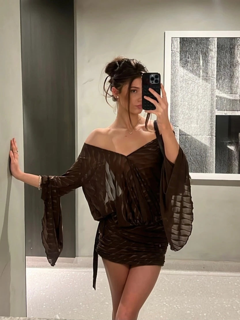 Chic Brown Off Shoulder Flare Long Sleeve Back Tie Bodycon Mini Homecoming Dress AS2686