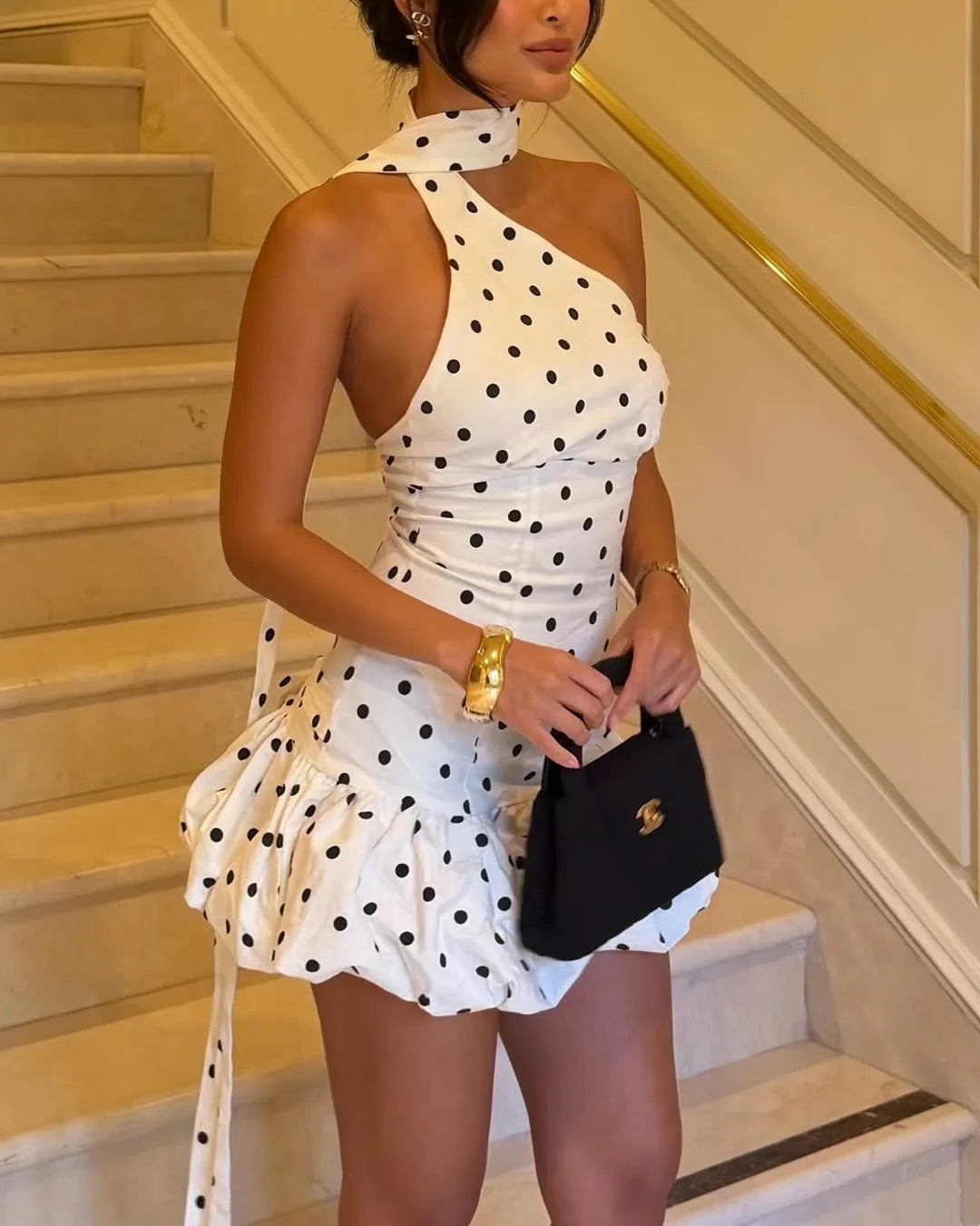Chic White Black Polka Dot Halter Neck Ruffled Bubble Hem Bodycon Short Homecoming Dress AS2688