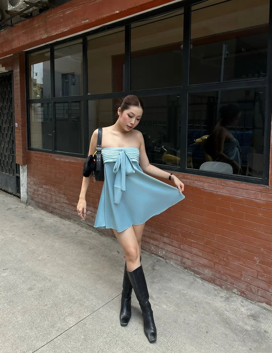 Chic Blue Strapless Pleated Bust Front Bow Satin Flowy A-Line Short Homecoming Dress AS2691