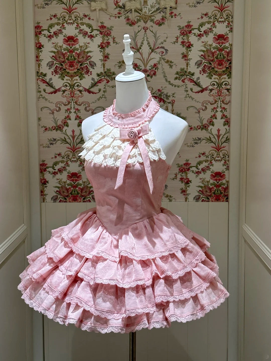 Cute Pink Halter Floral Bow Tiered Ruffle A Line Short Homecoming Dress AS2692