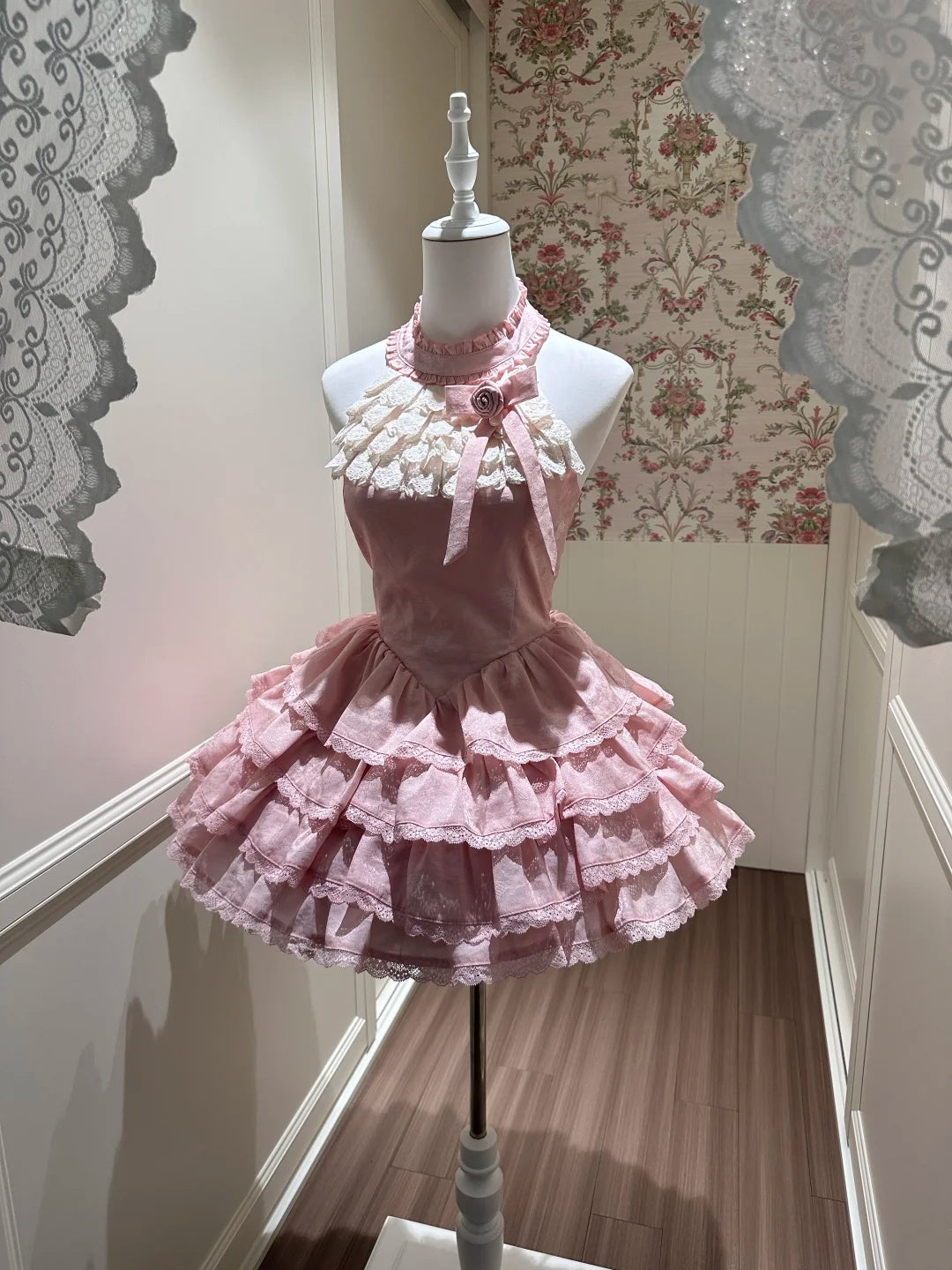 Cute Pink Halter Floral Bow Tiered Ruffle A Line Short Homecoming Dress AS2692