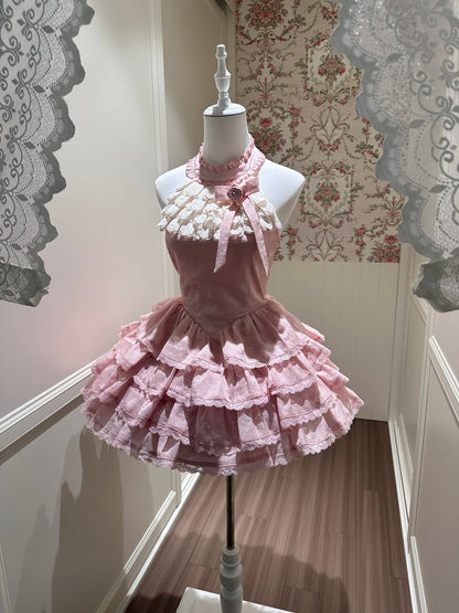 Cute Pink Halter Floral Bow Tiered Ruffle A Line Short Homecoming Dress AS2692