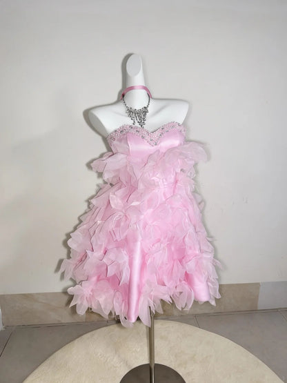 Chic Pink Strapless Sweetheart Beaded Trim 3D Petal A-Line Short Homecoming Dress AS2694
