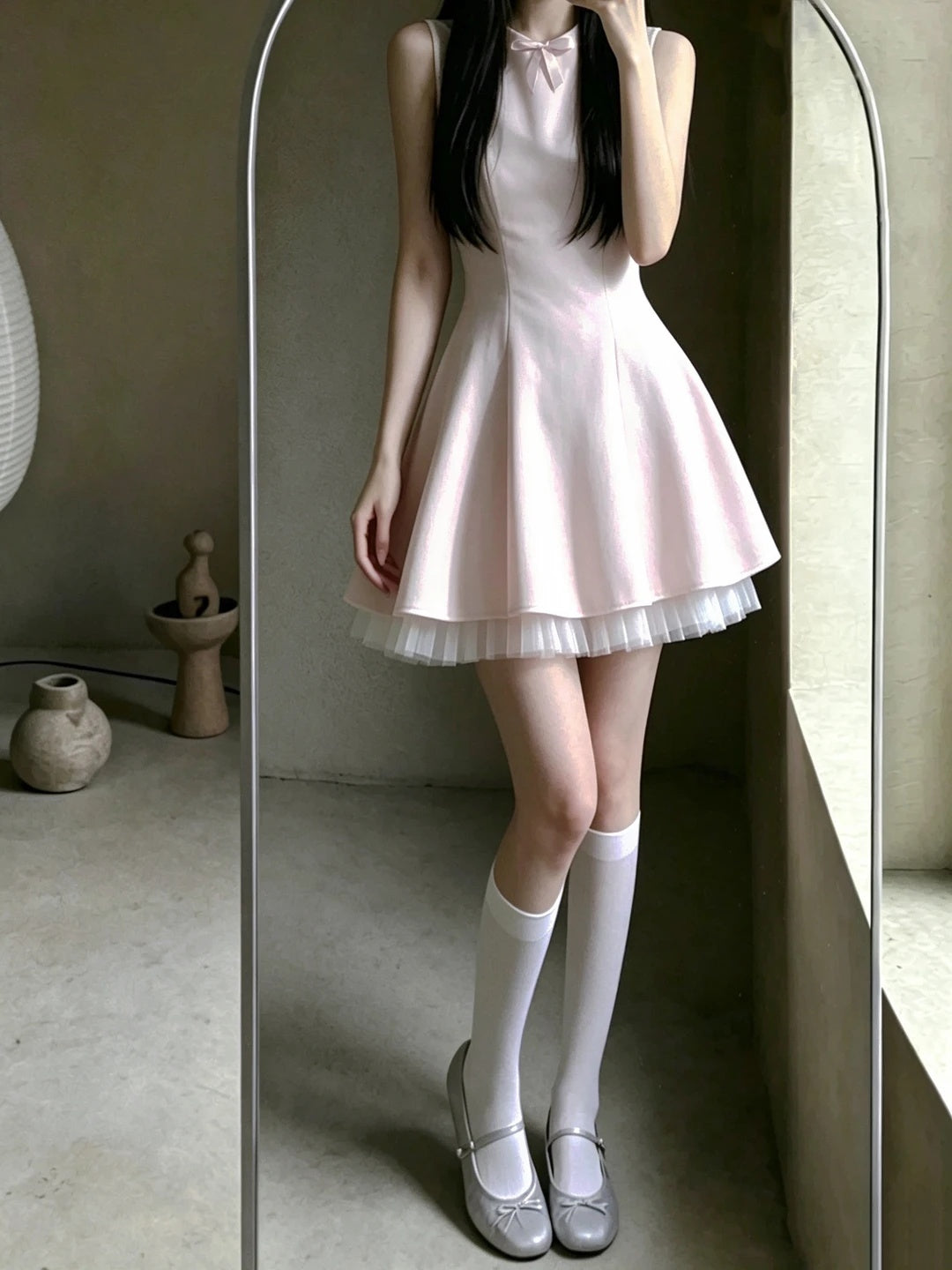 Cute Light Pink Sleeveless Round Neck Front Small Bow Satin A Line Short Homecoming Dress AS2696