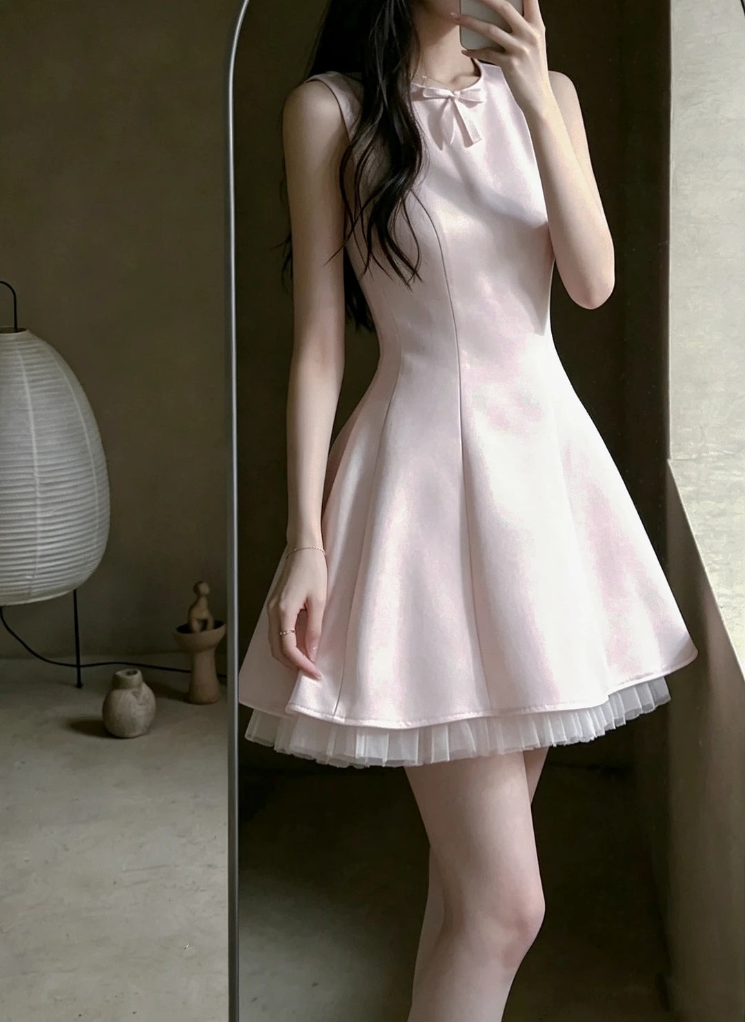 Cute Light Pink Sleeveless Round Neck Front Small Bow Satin A Line Short Homecoming Dress AS2696