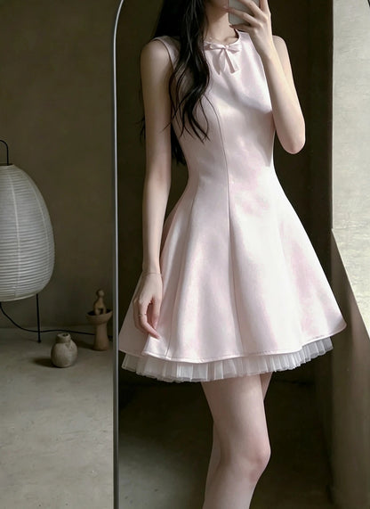 Cute Light Pink Sleeveless Round Neck Front Small Bow Satin A Line Short Homecoming Dress AS2696