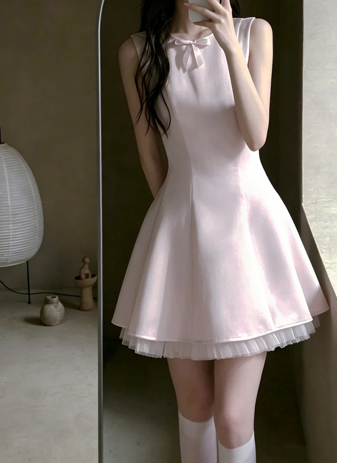 Cute Light Pink Sleeveless Round Neck Front Small Bow Satin A Line Short Homecoming Dress AS2696