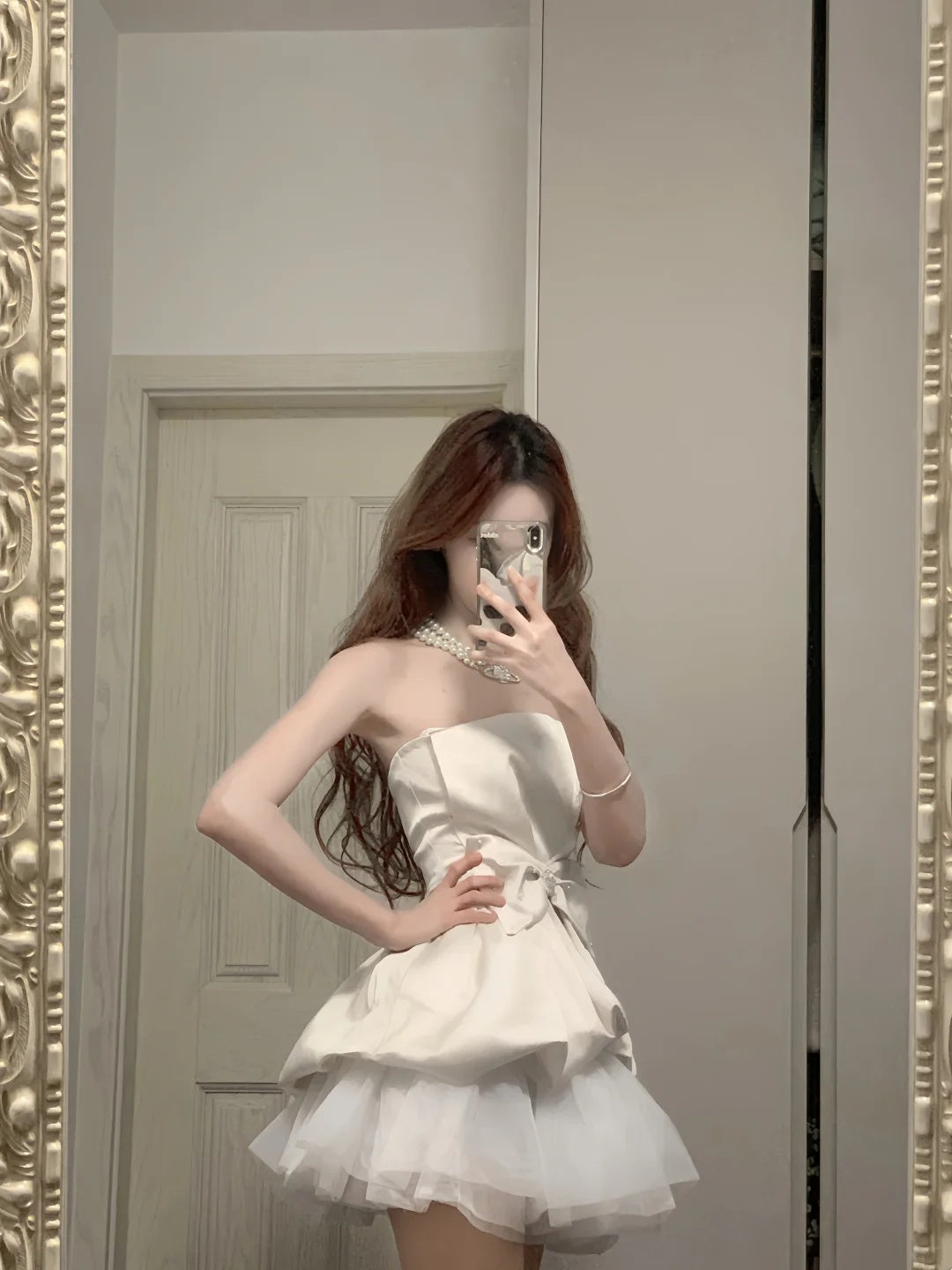 Elegant Ivory Strapless Pearl Accent Bow Satin Layered Tulle A Line Short Homecoming Dress AS2697