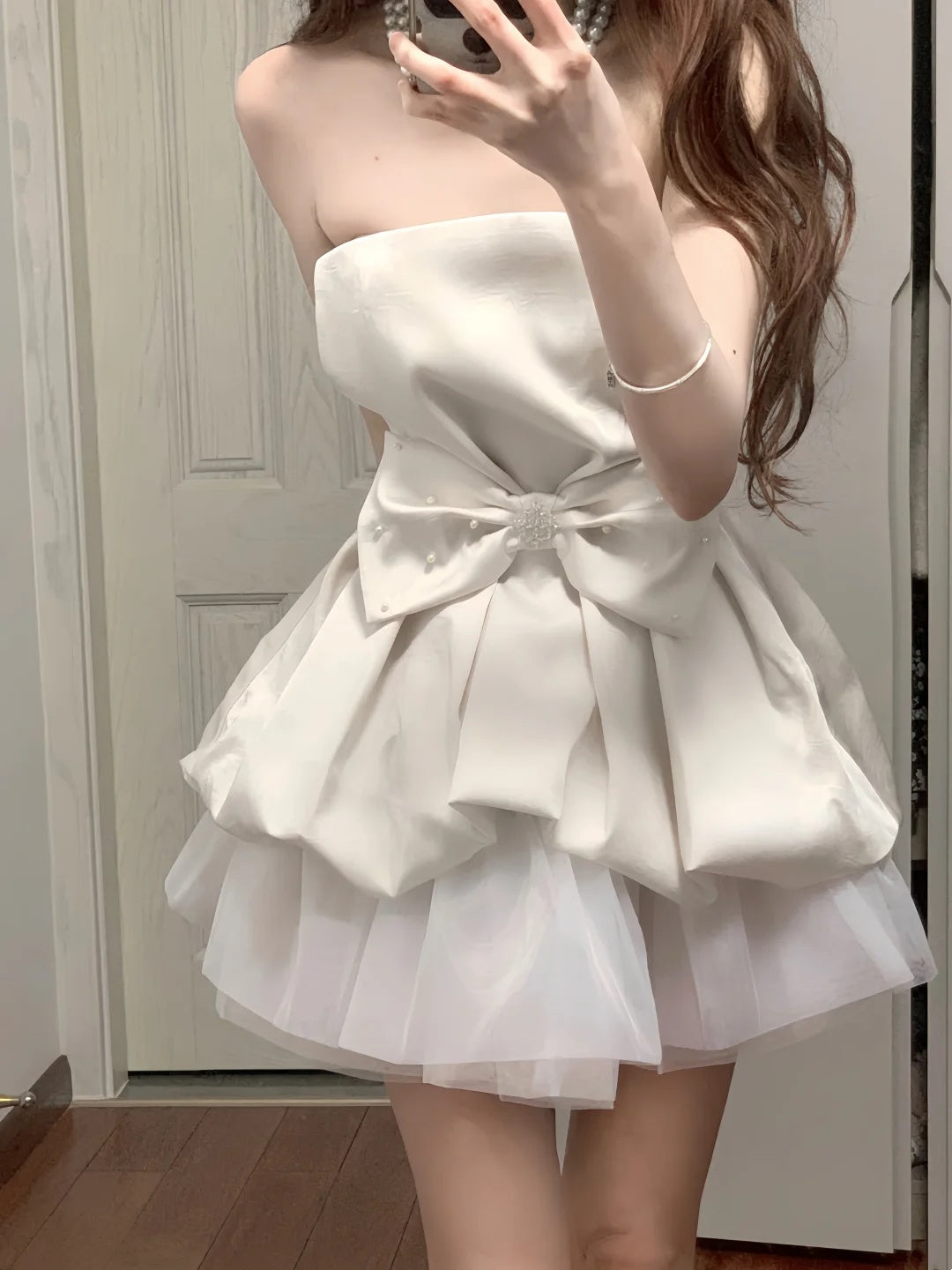 Elegant Ivory Strapless Pearl Accent Bow Satin Layered Tulle A Line Short Homecoming Dress AS2697