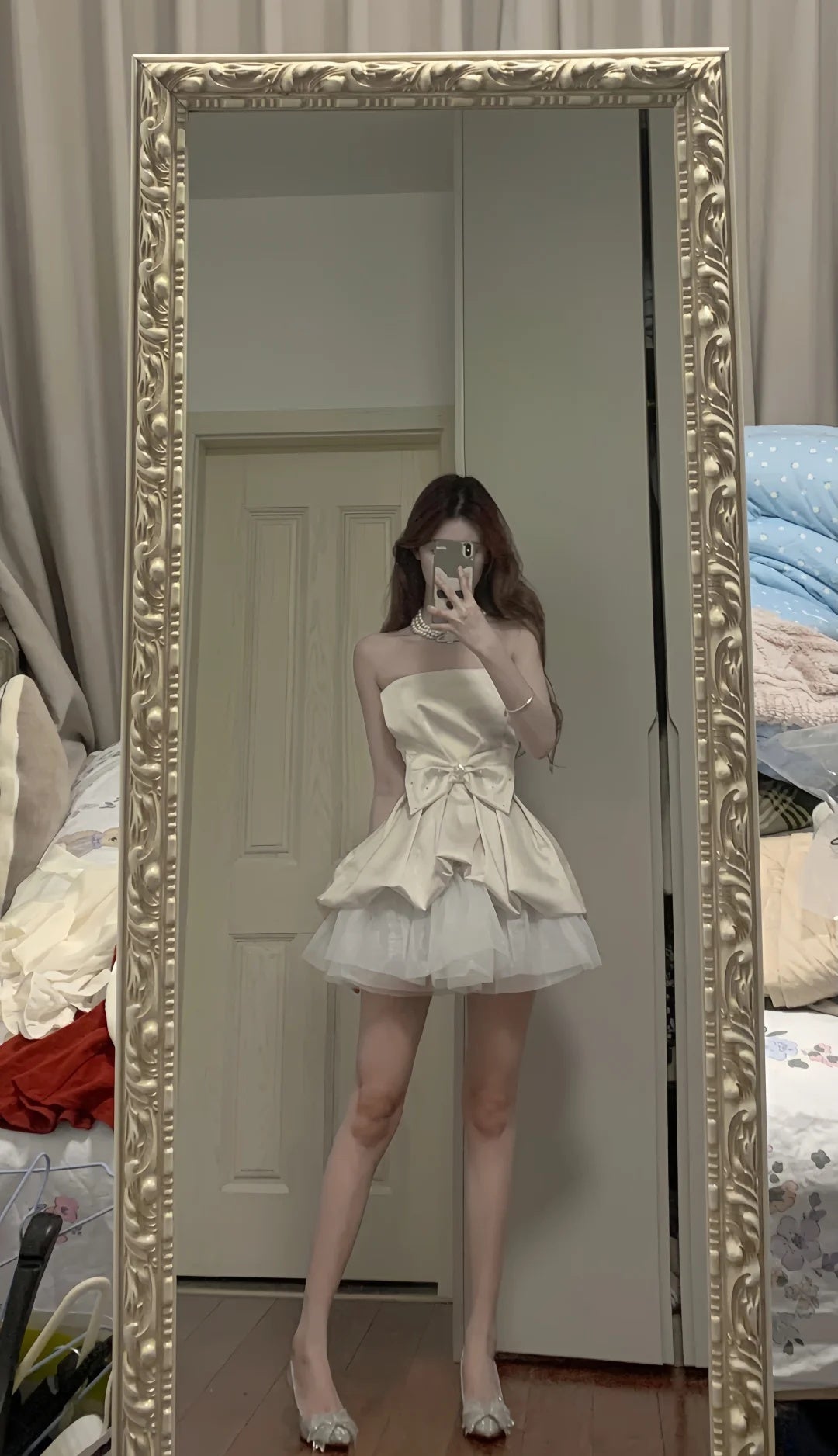 Elegant Ivory Strapless Pearl Accent Bow Satin Layered Tulle A Line Short Homecoming Dress AS2697