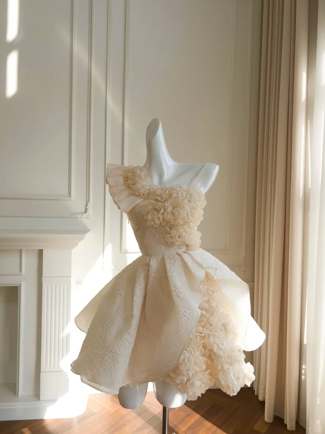 Glam Champagne Straps Ruffle Trim Floral Pearl Embellished Jacquard A-Line Short Homecoming Dress AS2699