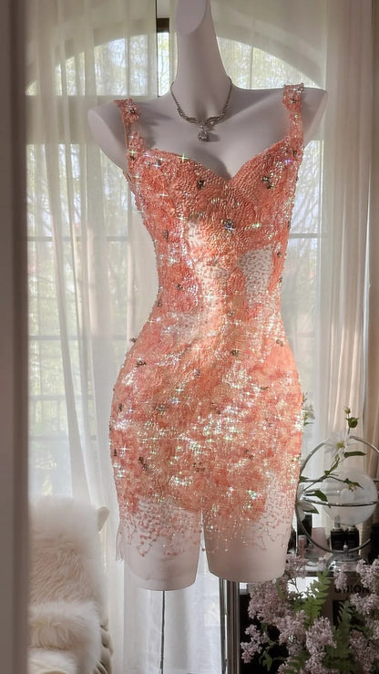 Glamorous Peach Pink Straps Sweetheart Neck Beaded Bodycon Short Homecoming Dress AS2702