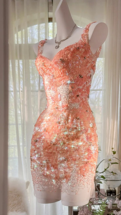 Glamorous Peach Pink Straps Sweetheart Neck Beaded Bodycon Short Homecoming Dress AS2702